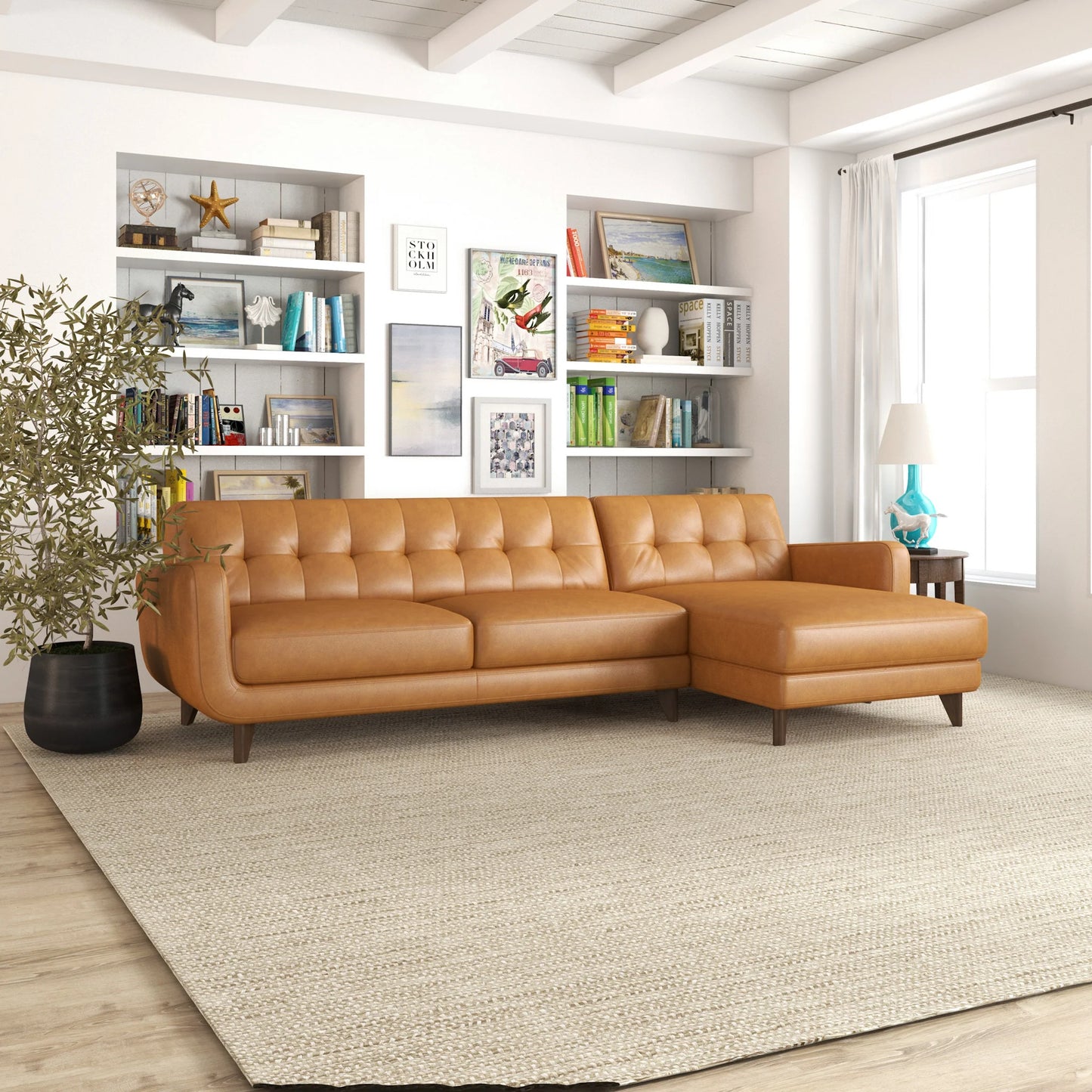 Cassie Tan Leather Sectional Sofa Right Facing Chaise