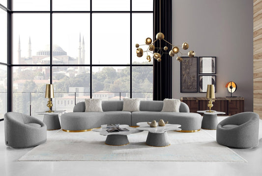 Divani Casa Frontier - Glam Grey Fabric Sectional Sofa with Two Side Chairs