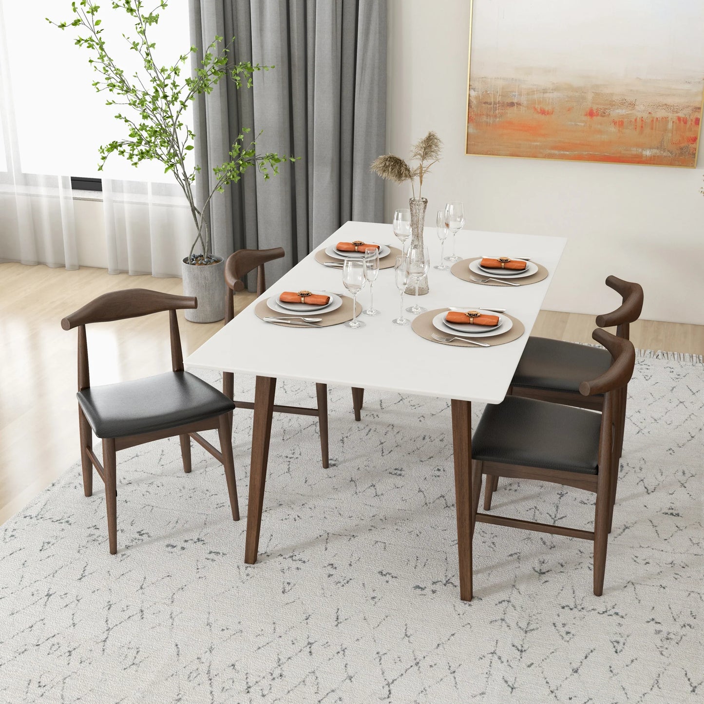 Dining Set Alpine Small White Top Table with 4 Winston Black Leather Chairs