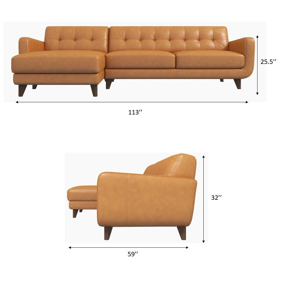 Cassie Tan Leather Sectional Sofa Right Facing Chaise