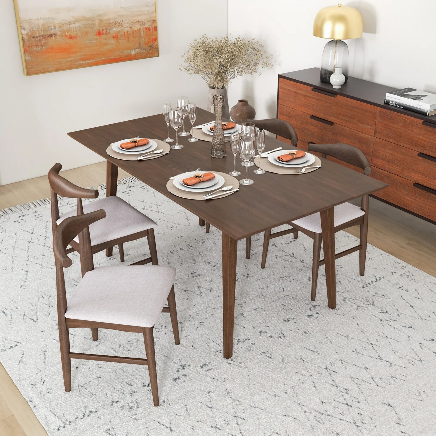 Alpine (Large - Walnut) Dining Set with 4 Winston (Beige) Dining Chairs