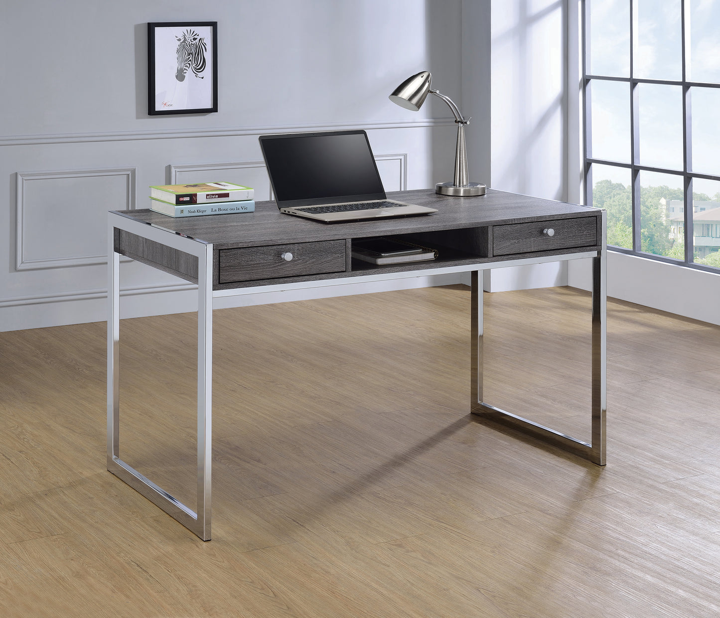 Wallice 2-Drawer Writing Desk Weathered Grey And Chrome - 801221