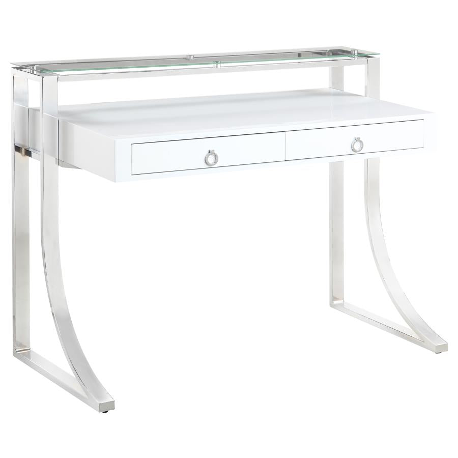 Gemma 2-drawer Writing Desk Glossy White and Chrome - 802141