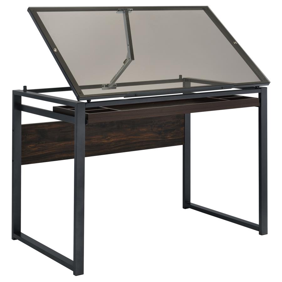 Pantano Glass Top Drafting Desk Dark Gunmetal and Chestnut- 805571