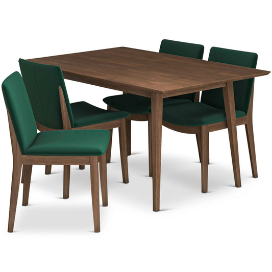 Adira (Small - Walnut) Dining Set with 4 Virginia (Green Velvet) Dining Chairs