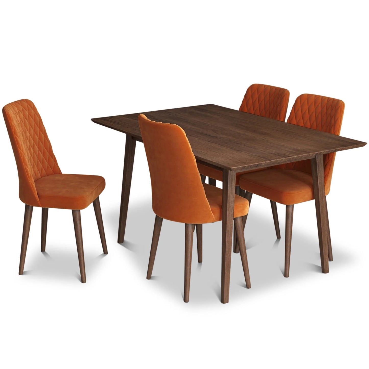 Alpine (Small - Walnut) Dining Set with 4 Evette (Orange Velvet) Dining Chairs