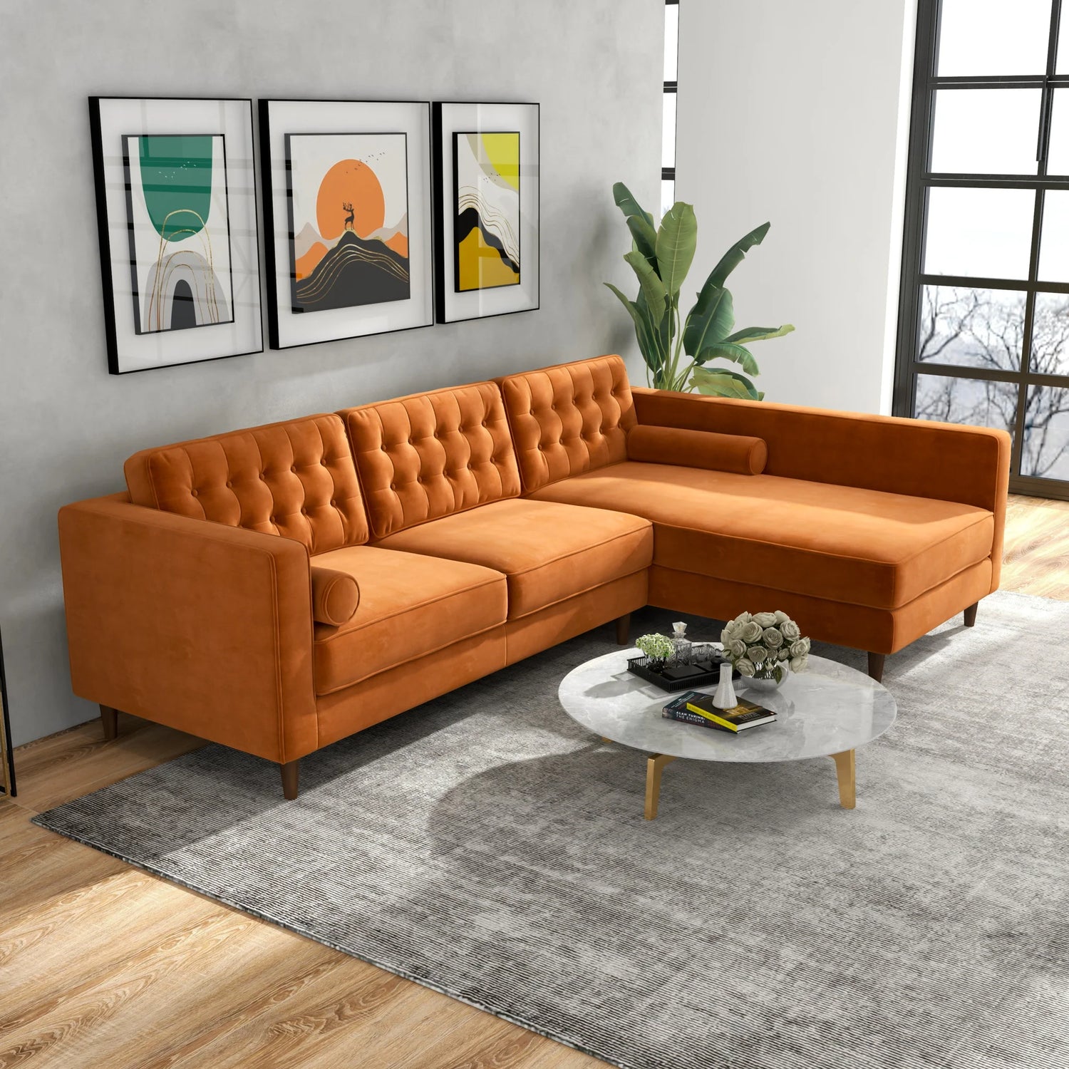 Olson Sectional Sofa Burnt Orange Right Chaise Rosen Furniture