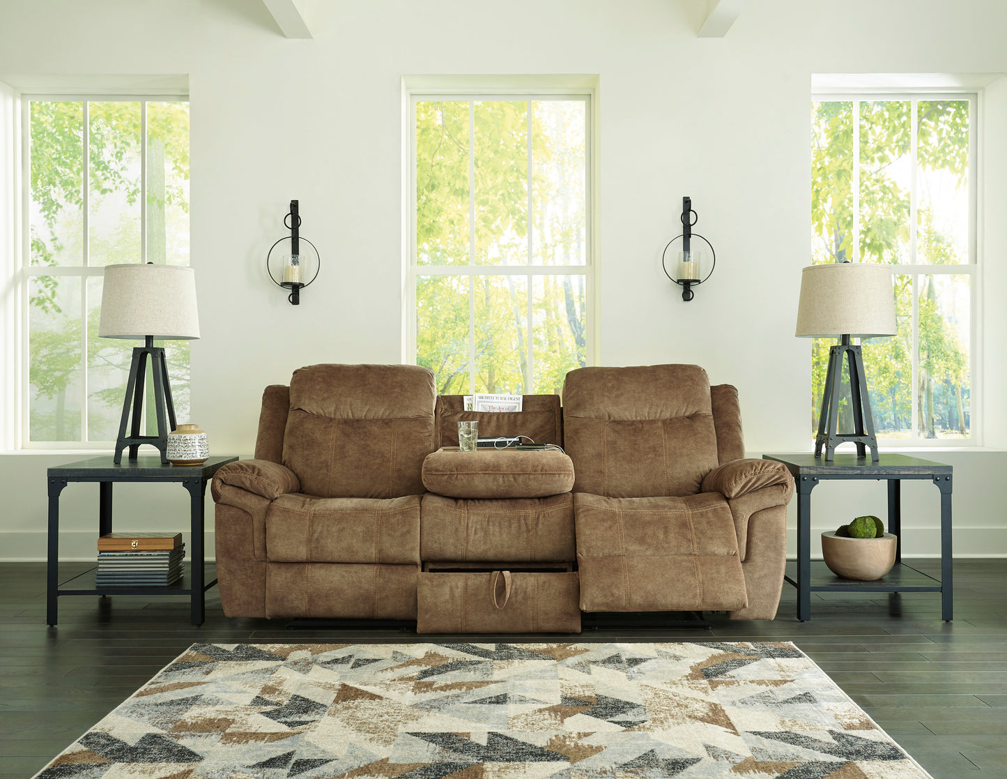 Huddle-Up Nutmeg Reclining Sofa with Drop Down Table | 8230489