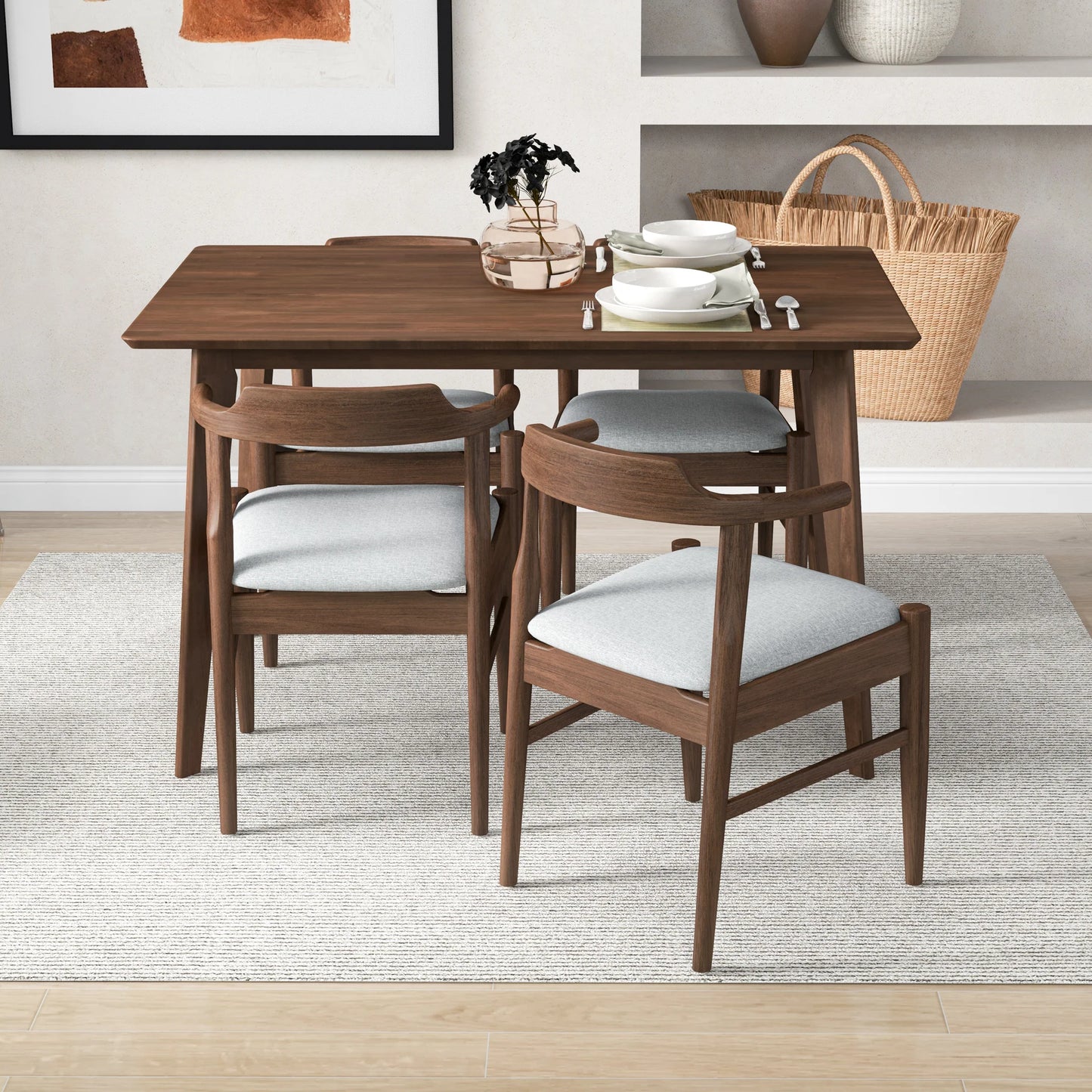 Dining Set, Abbott Small Walnut Table with 4 Zola Gray Chairs