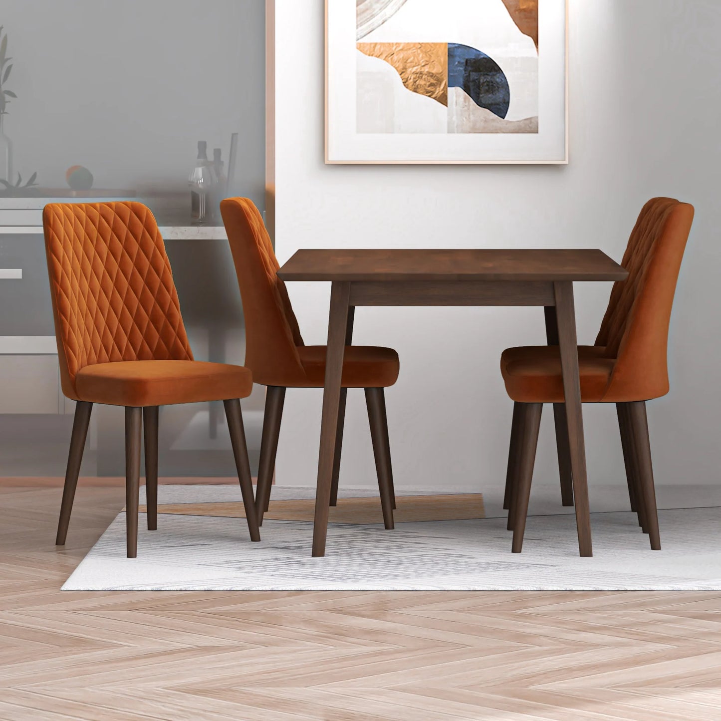 Alpine (Small - Walnut) Dining Set with 4 Evette (Orange Velvet) Dining Chairs