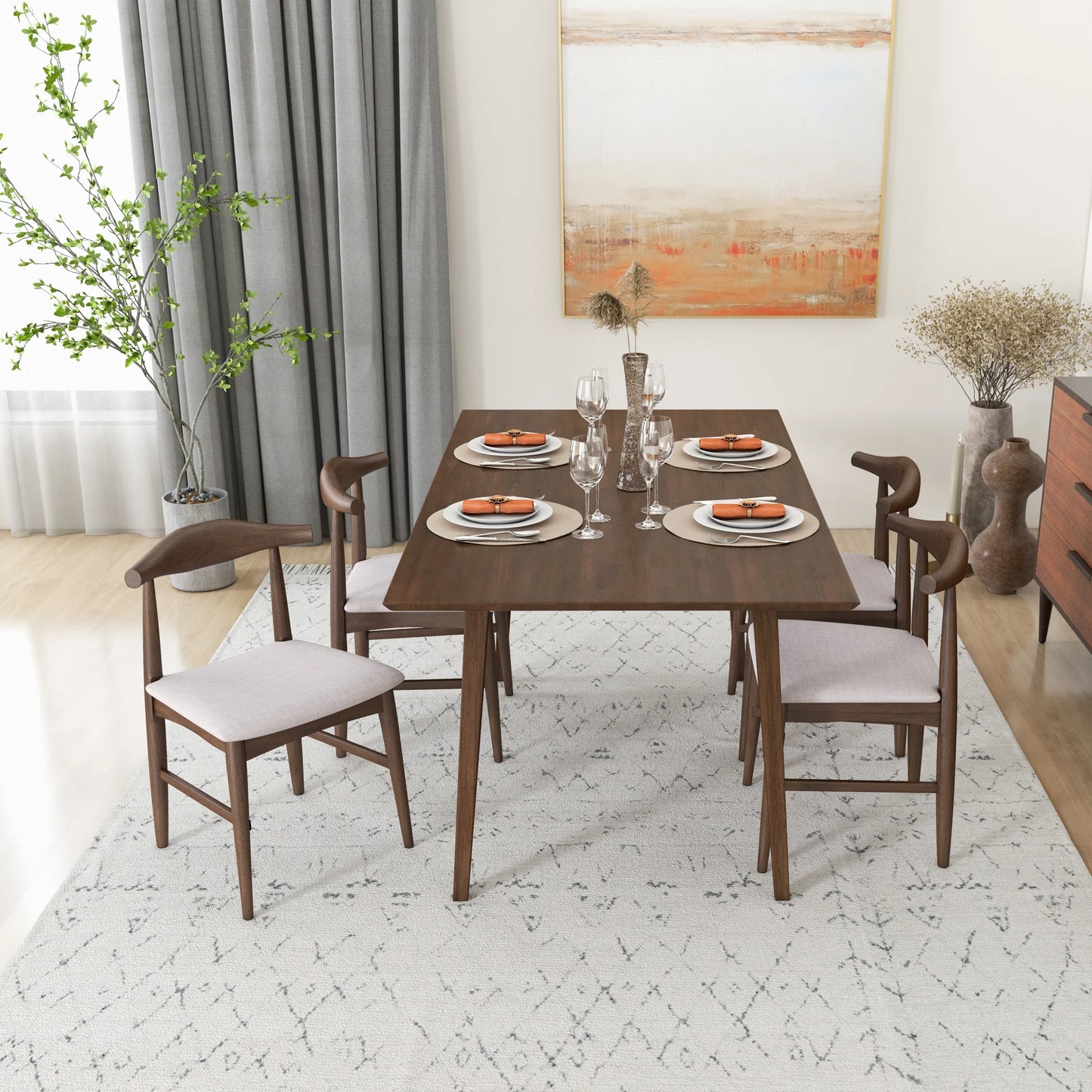 Alpine (Large - Walnut) Dining Set with 4 Winston (Beige) Dining Chairs