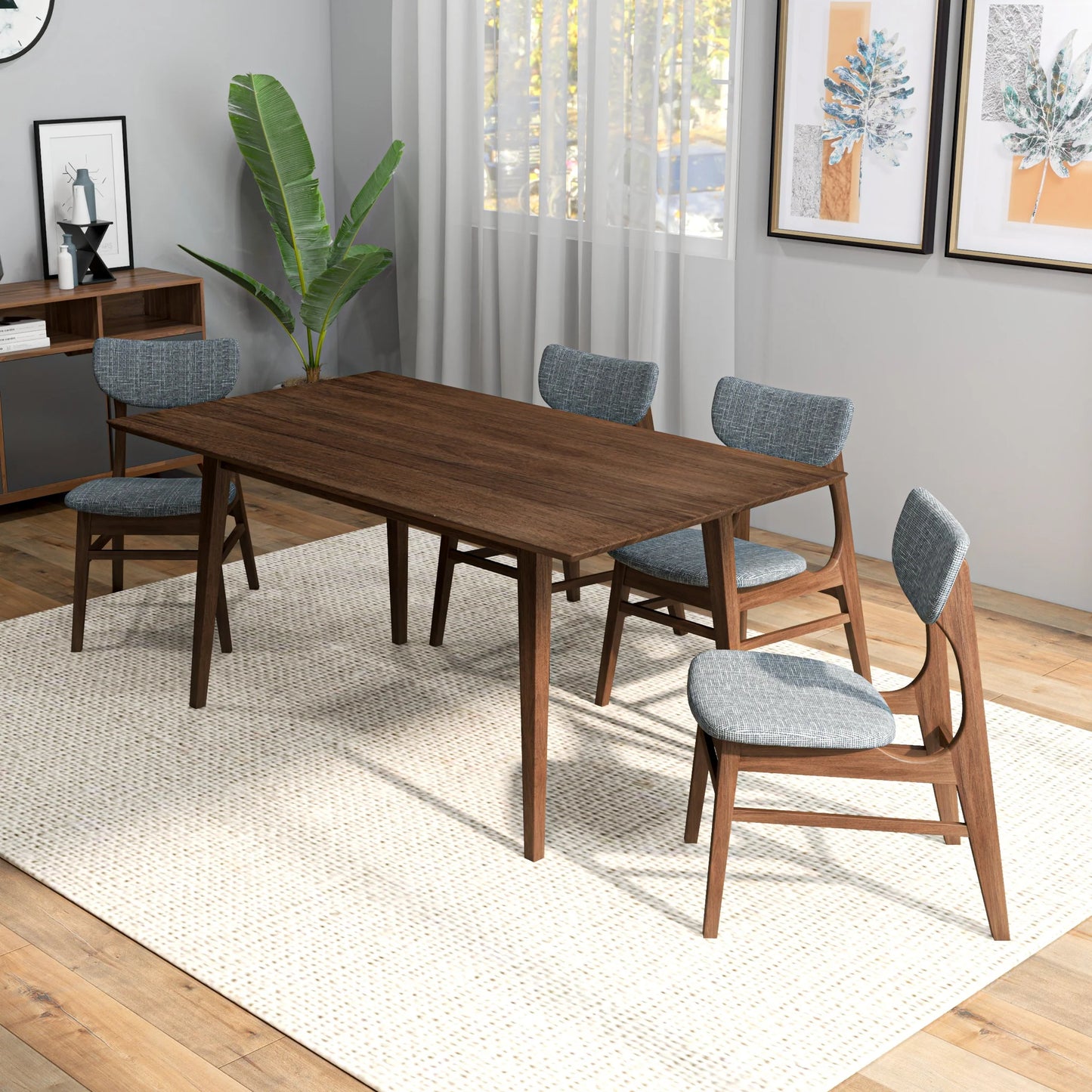 Adira (Large - Walnut) Dining Set with 4 Collins (Grey) Dining Chairs