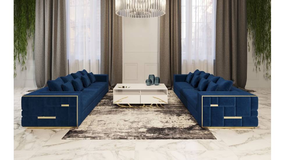 Divani Casa Mobray - Glam Blue & Gold Fabric Sofa Set