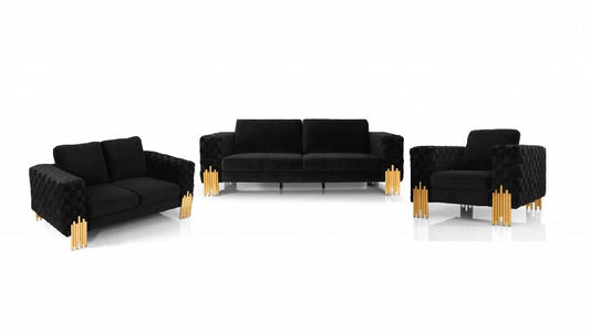 Divani Casa Georgia- Modern Velvet Glam Black + Gold Sofa Set