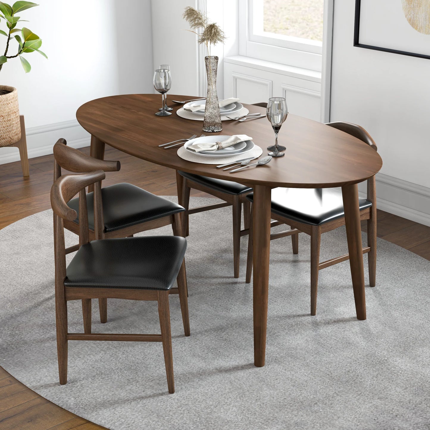 Rixos (Walnut) Oval Dining Set with 4 Winston (Black Leather) Dining Chairs