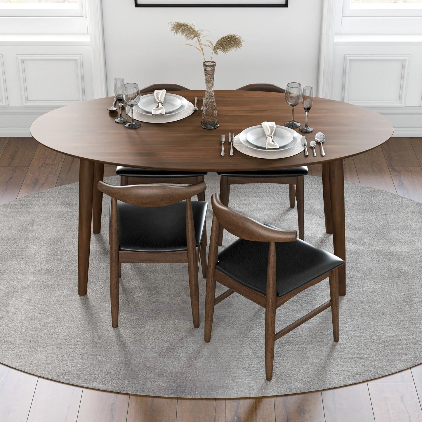 Rixos (Walnut) Oval Dining Set with 4 Winston (Black Leather) Dining Chairs