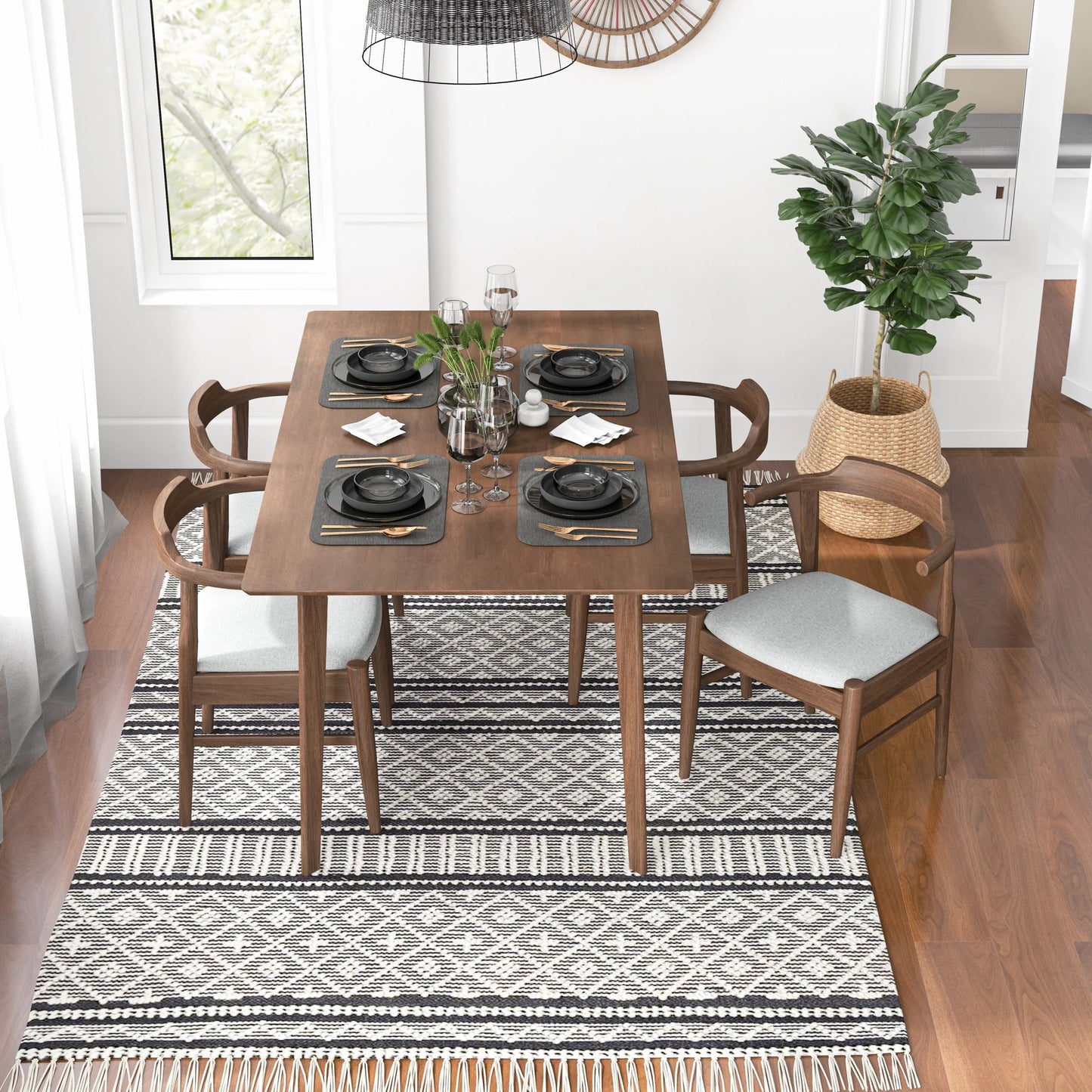 Dining Set, Abbott Large Table (Walnut) with 4 Zola Gray Chairs