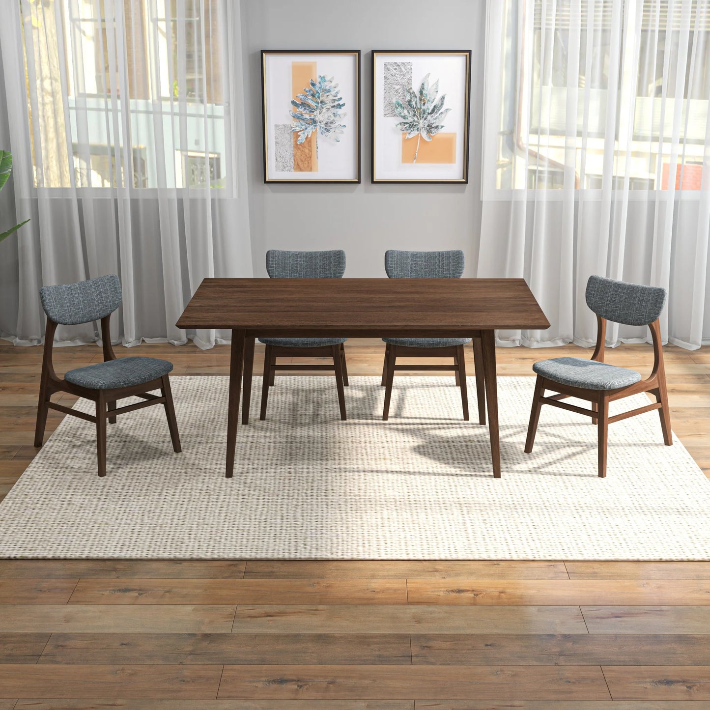 Adira (Large - Walnut) Dining Set with 4 Collins (Grey) Dining Chairs