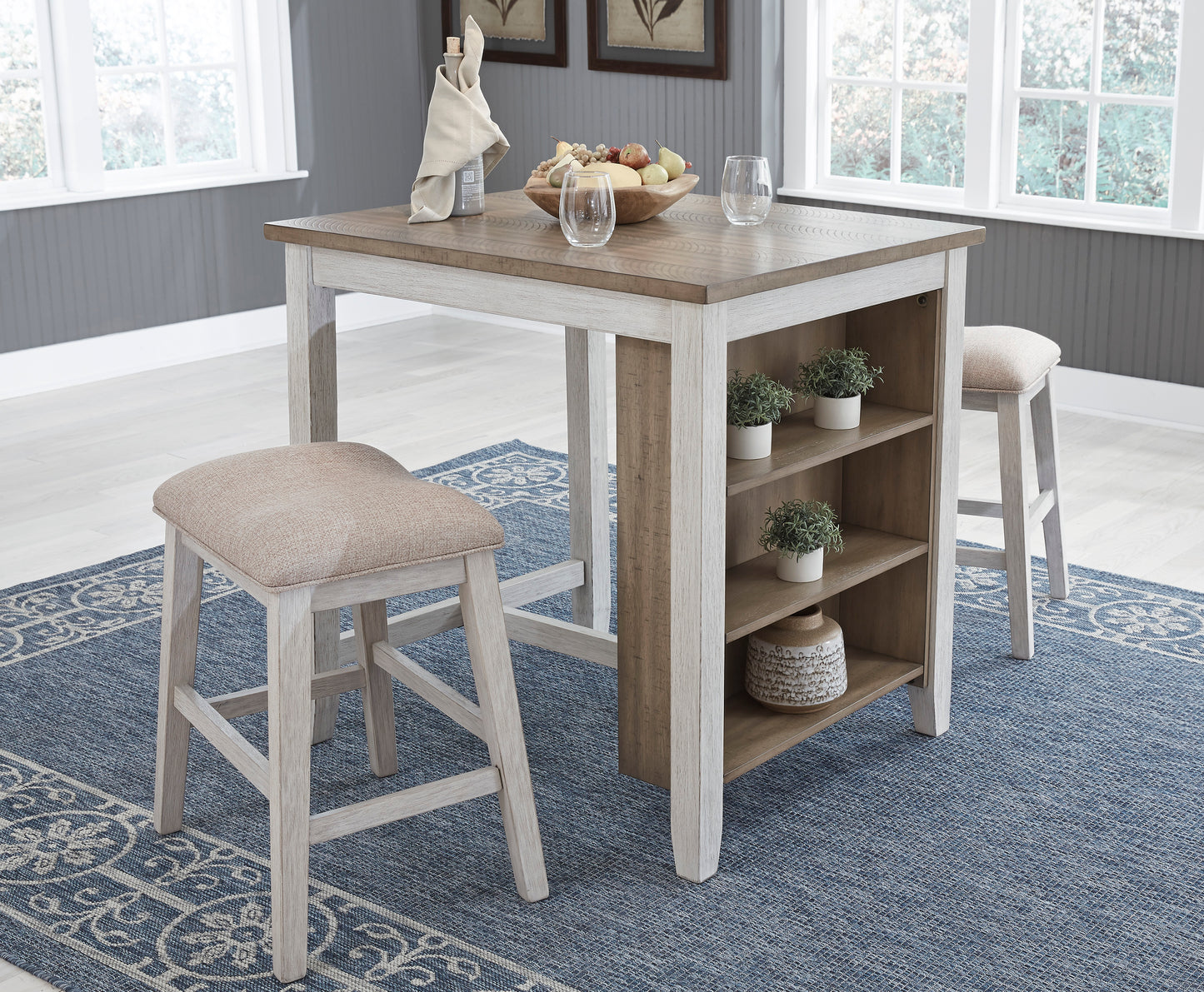 Skempton White/Light Brown Counter Height Dining Table and Bar Stools (Set of 3) | D394-113