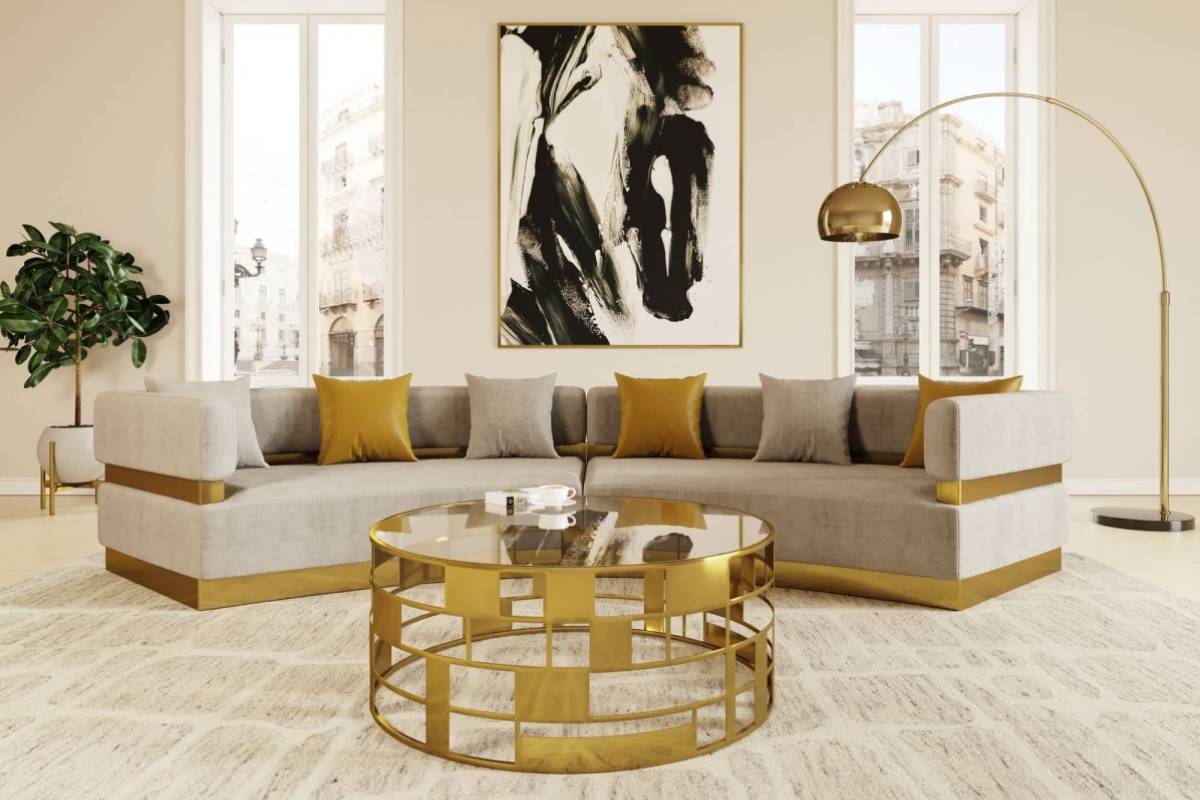 Divani Casa Kiva - Glam Beige and Gold Fabric Sectional Sofa