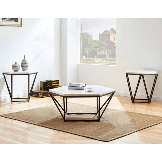 CV200 - Marble Top Hexagon Cocktail Table + 2 End Table Set **New Arrival**