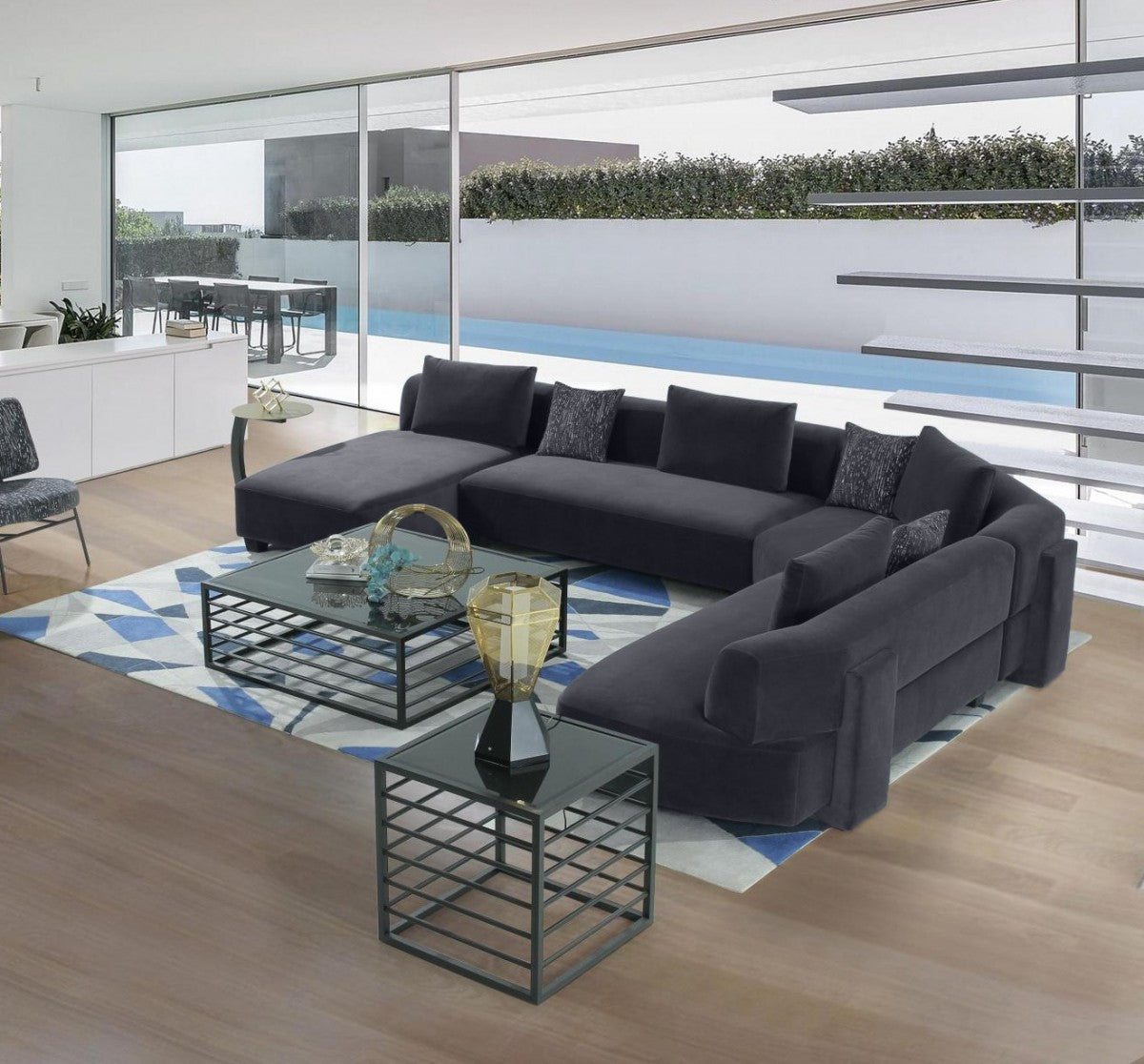 Divani Casa Bayou - Contemporary Grey Velvet U Shaped Sectional Sofa