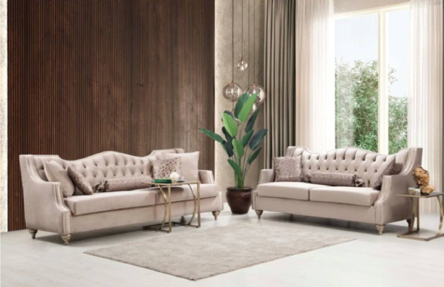 Zeus Beige Velvet Sofa & Loveseat with Nailhead Trim