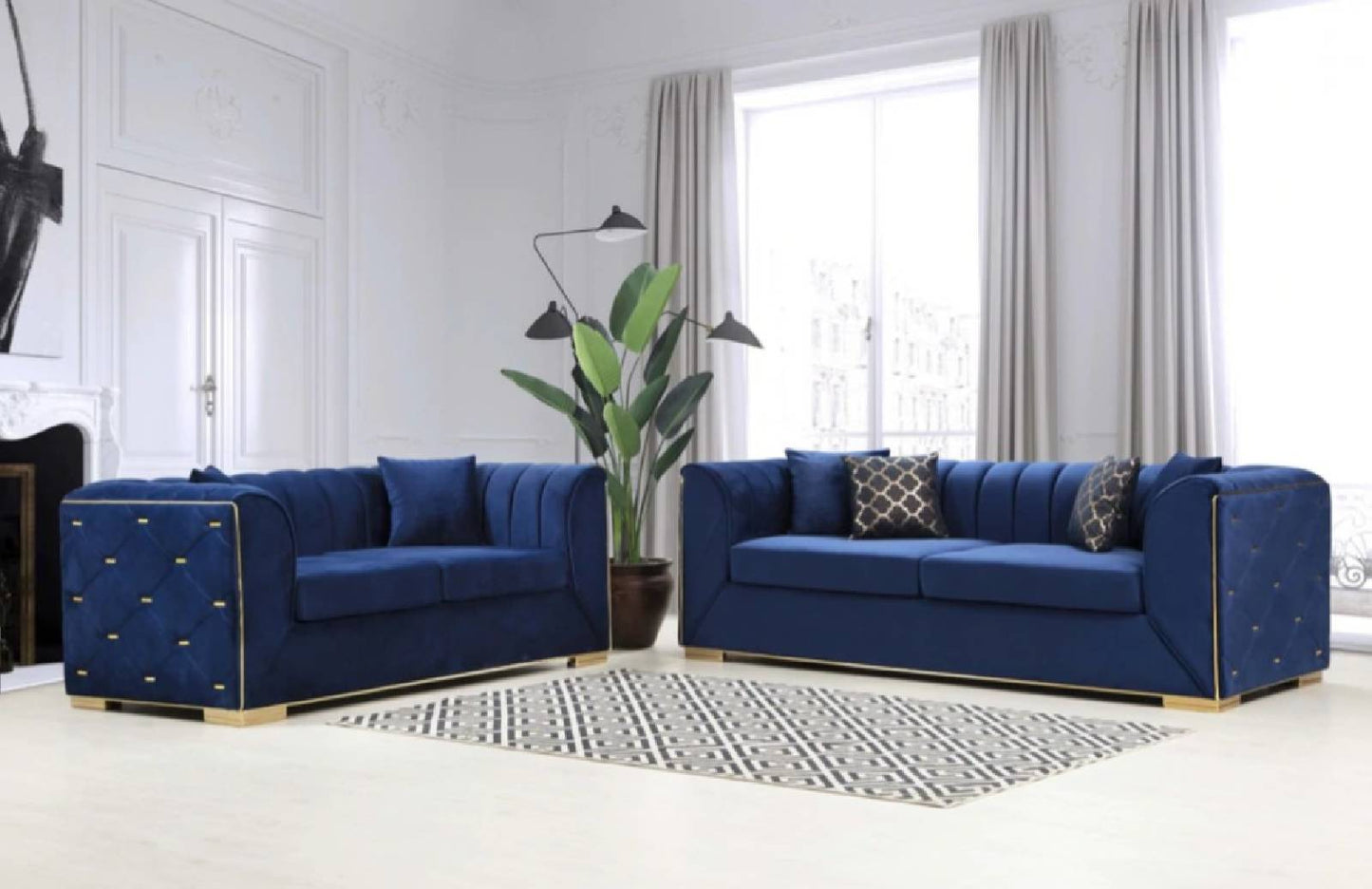 Armony Sofa & Loveseat - Velvet Upholstery - Navy Blue