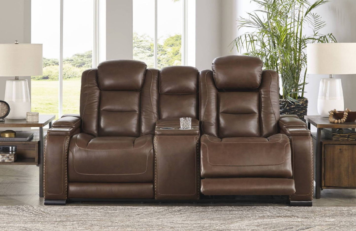 The Man-Den Mahogany Power Reclining Loveseat with Console | U8530618