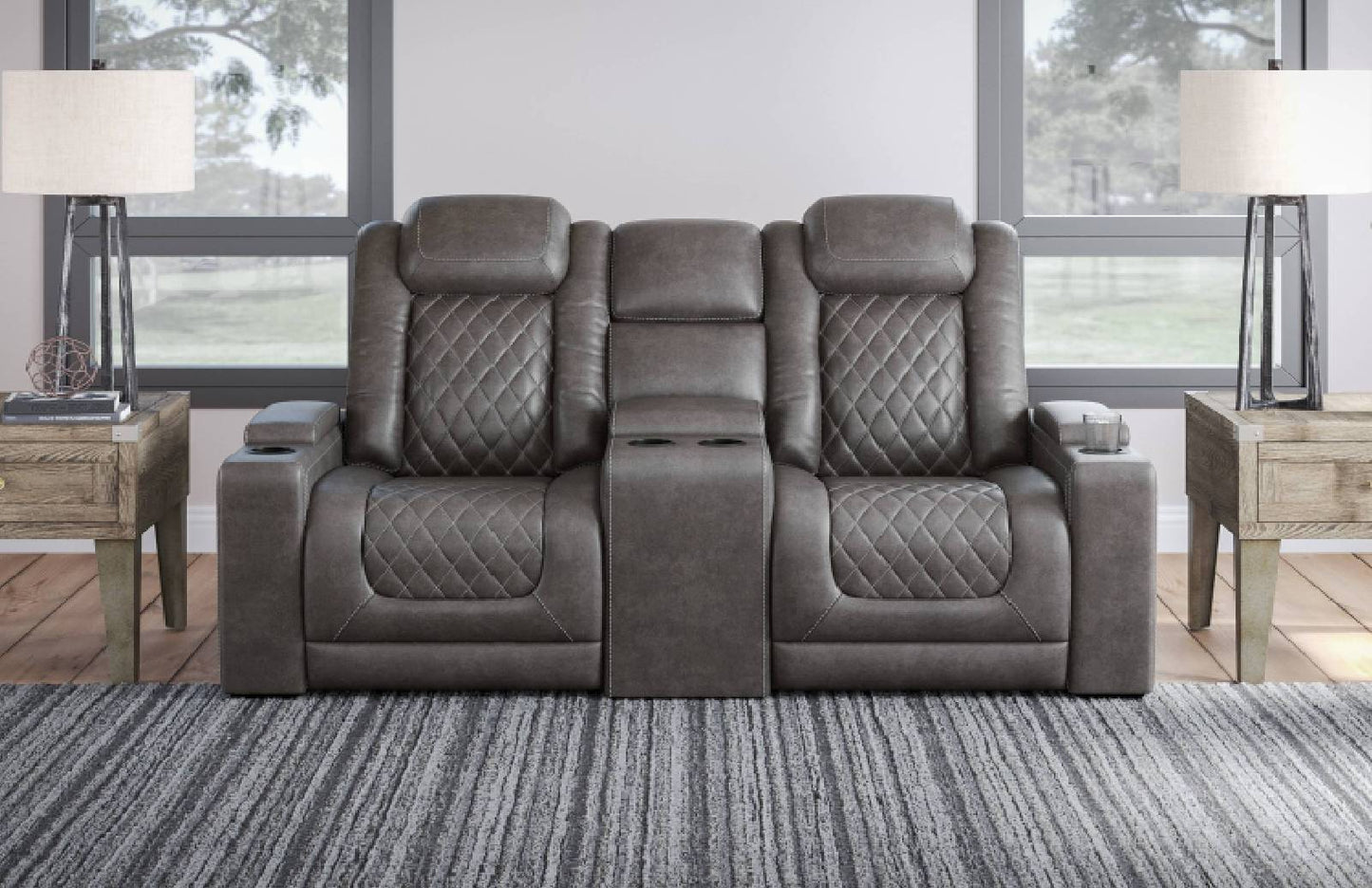 HyllMont Gray Power Reclining Loveseat with Console | 9300318