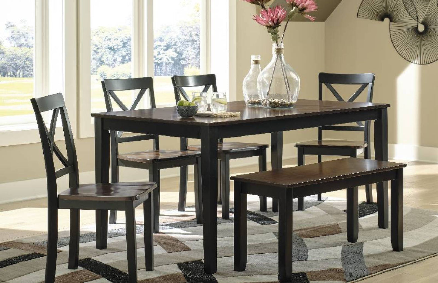 Larsondale Brown/Black Dining Table and Chairs with Bench (Set of 6) | D379-325