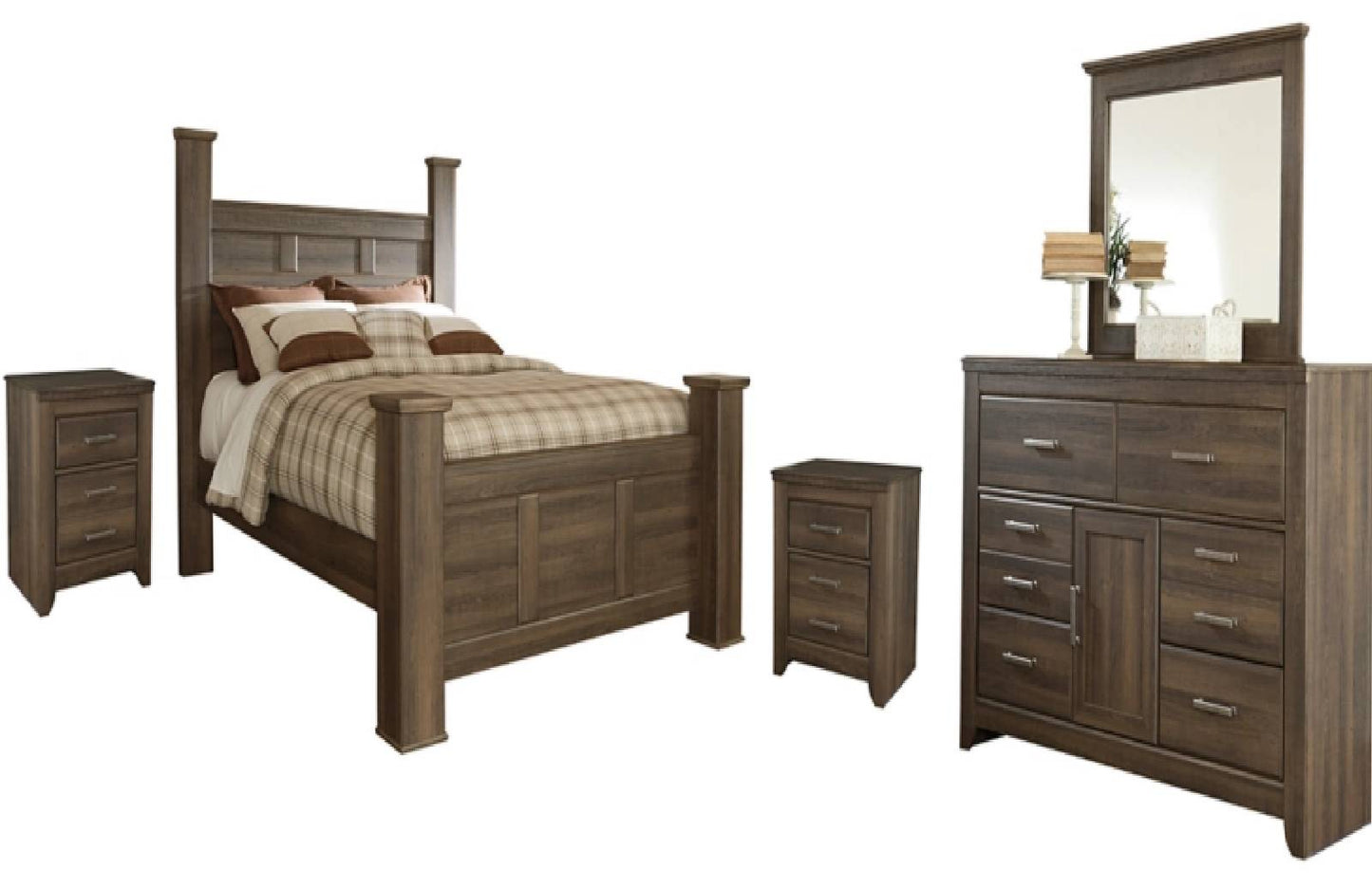 Juararo Queen Poster Bed with Mirrored Dresser and 2 Nightstands - PKG000026