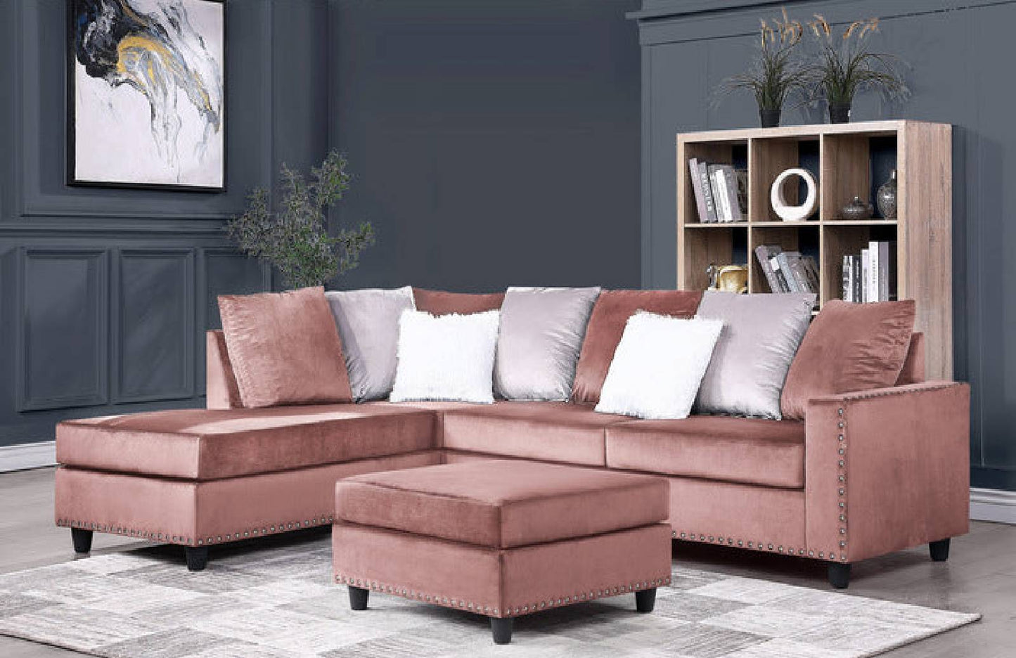 SH3187PNK* 2-PIECE REVERSIBLE SECTIONAL, PINK VELVET WITH OTTOMAN