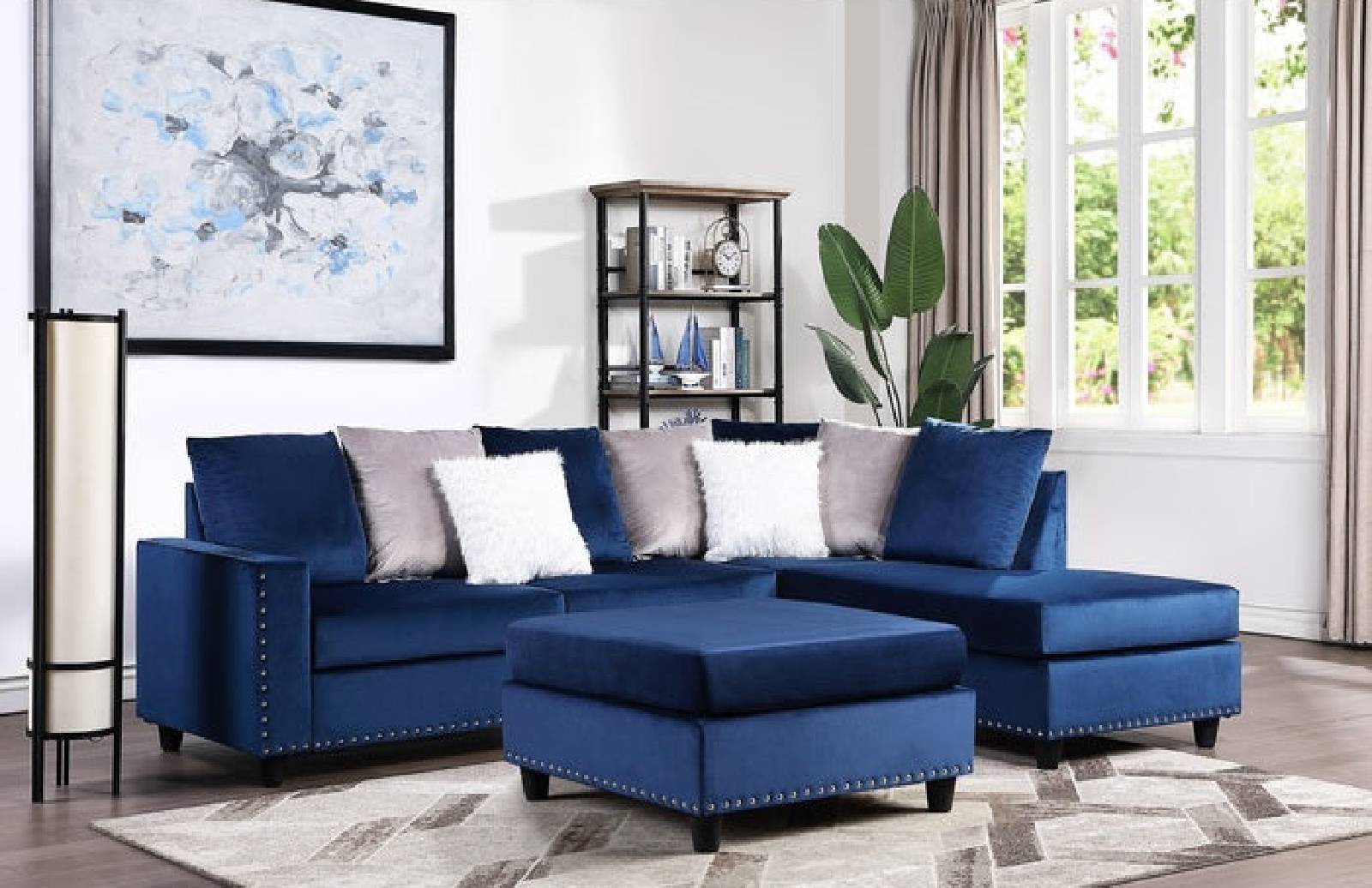 SH3187BLU* 2-PIECE REVERSIBLE SECTIONAL, BLUE VELVET | Rosen Furniture