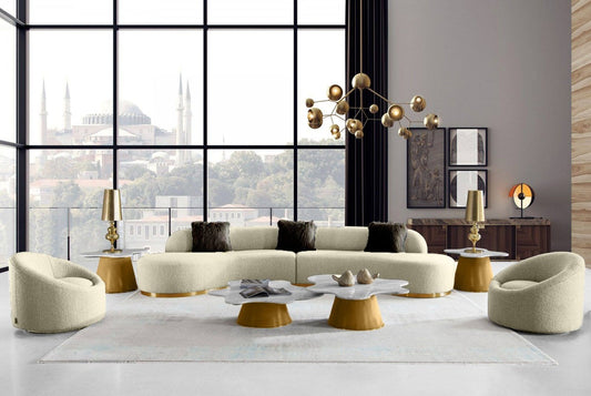 Divani Casa Frontier - Glam Beige Fabric Curved Sectional Sofa with Two Side Chairs