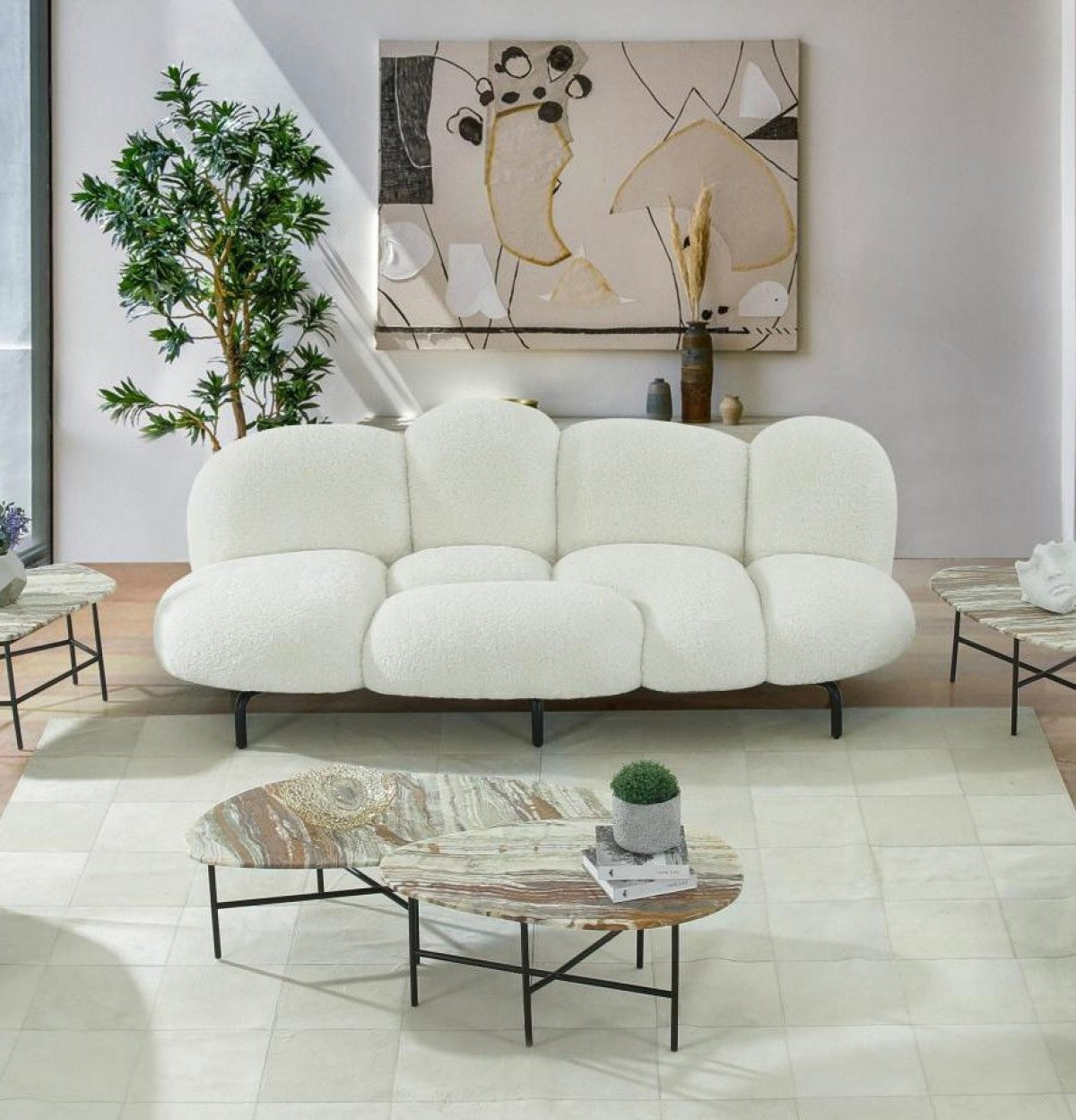 Divani Casa Glaster - Contemporary White Sherpa 88" Bubble Sofa