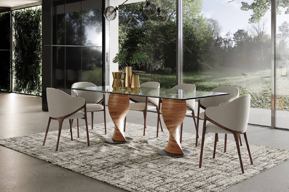 Modrest Cleveland - Contemporary Glass and Walnut Dining Table Set
