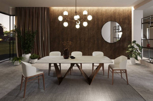 Modrest Melanie - Modern White Ceramic & Brushed Brown Dining Table Set