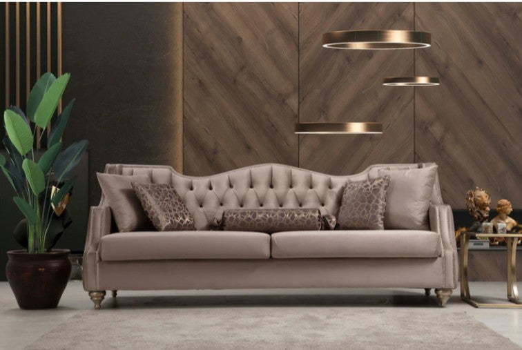 Zeus Beige Velvet Sofa & Loveseat with Nailhead Trim