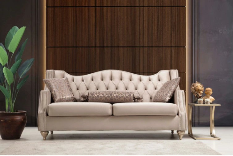 Zeus Beige Velvet Sofa & Loveseat with Nailhead Trim