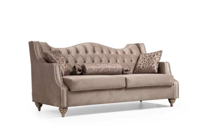 Zeus Beige Velvet Sofa & Loveseat with Nailhead Trim