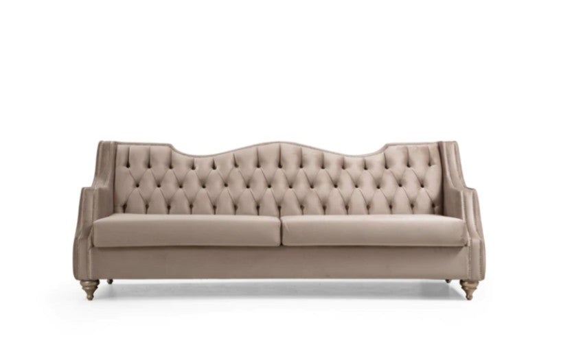 Zeus Beige Velvet Sofa & Loveseat with Nailhead Trim