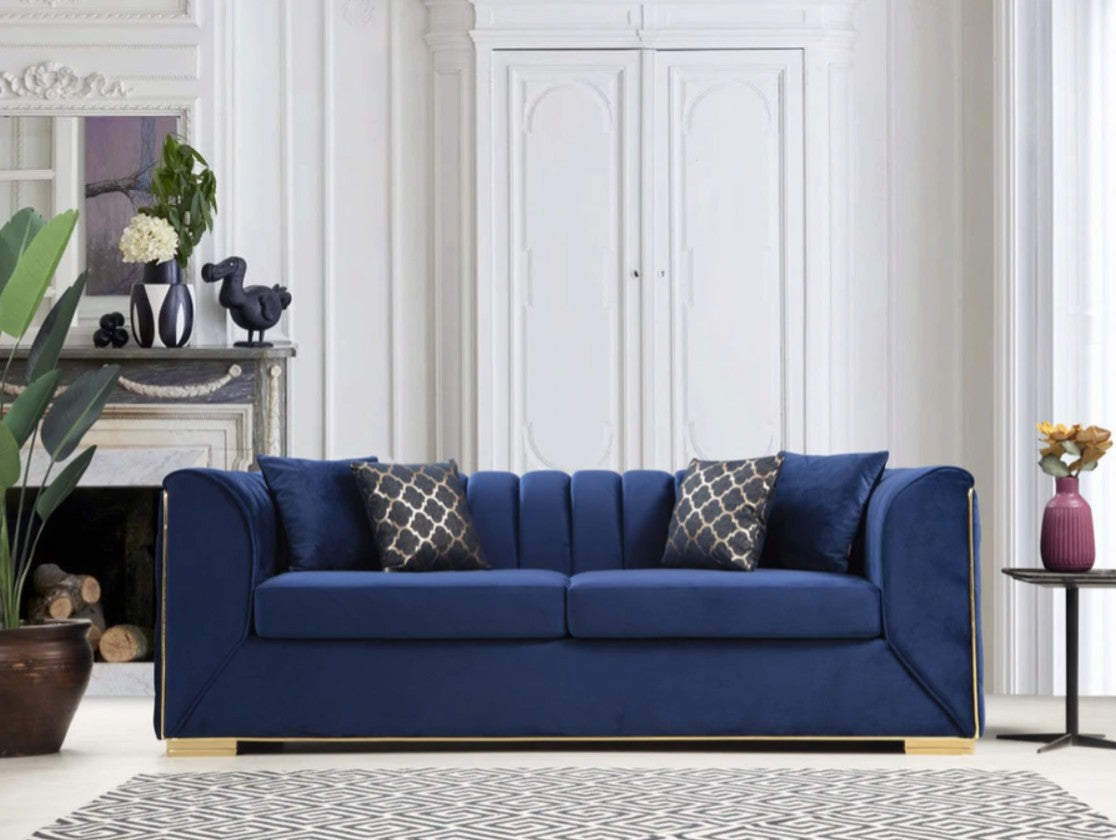 Armony Sofa & Loveseat - Velvet Upholstery - Navy Blue