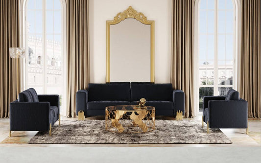 Divani Casa Lori - Modern Velvet Glam Black & Gold Sofa Set